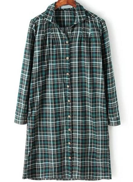 Romwe Green Long Sleeve Plaid Loose Blouse
