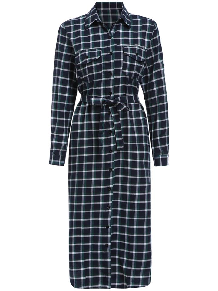 Romwe Lapel Plaid Self-tie Shirt Dress