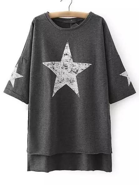 Romwe Dark Grey Star Printed High Low T-shirt