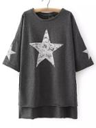 Romwe Dark Grey Star Printed High Low T-shirt
