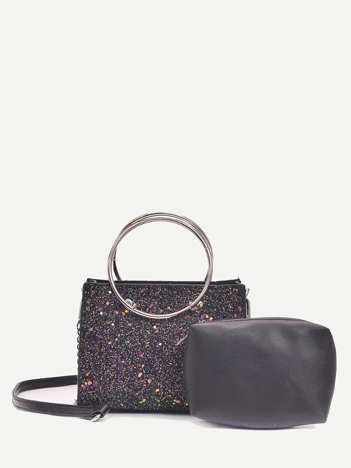 Romwe Ring Handle Glitter Shoulder Bag With Clutch