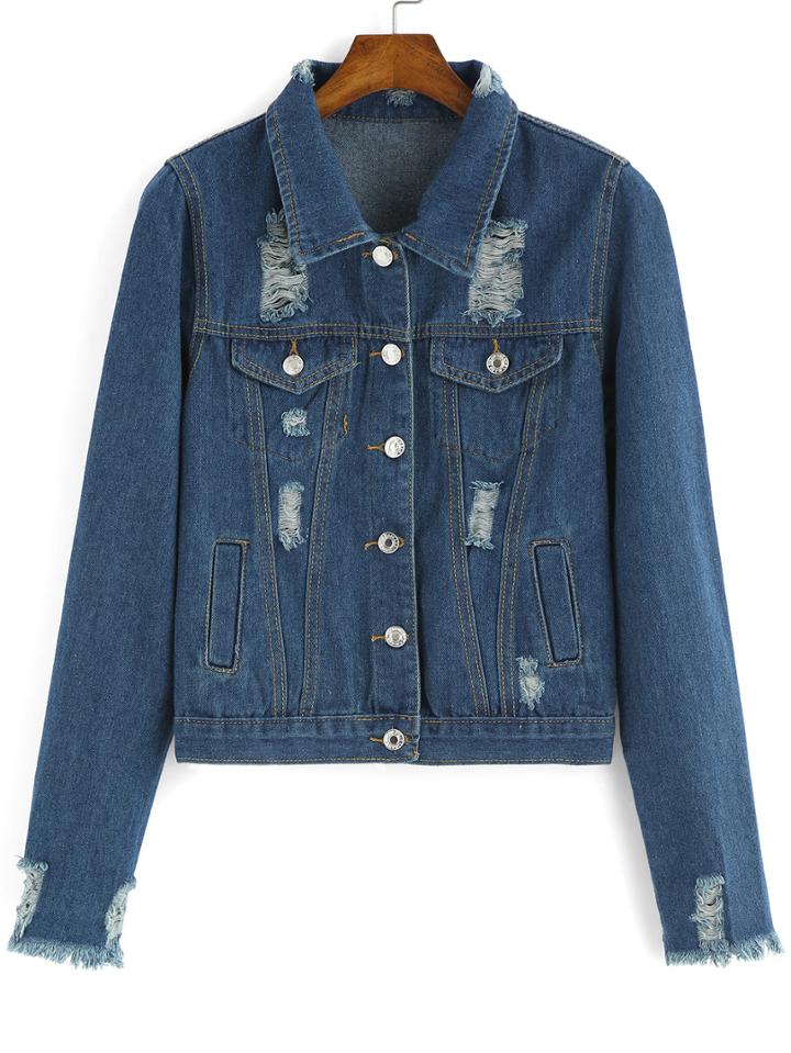 Romwe Lapel Ripped Denim Coat