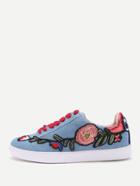 Romwe Flower Embroidery Lace Up Denim Sneakers