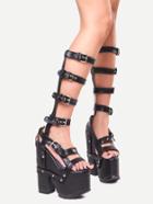 Romwe Black Buckle Strap Studded High Heeled Platform Shoes