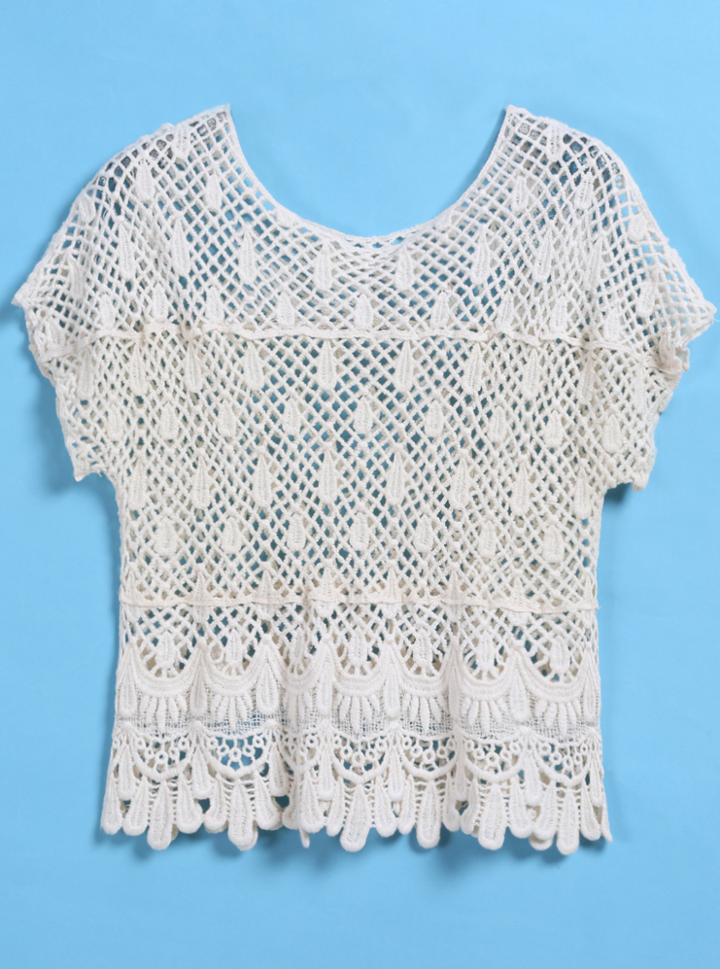 Romwe Short Sleeve Hollow Crop Drop Pattern Apricot Blouse