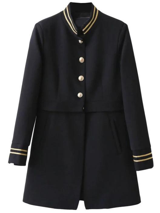 Romwe Striped Trim Single Breasted Long Coat