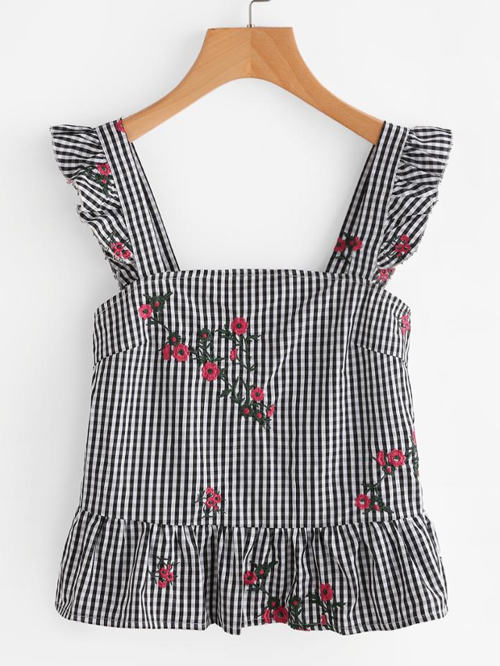 Romwe Ruffle Strap Blossom Embroidered Checkered Pinafore Top