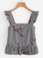 Romwe Ruffle Strap Blossom Embroidered Checkered Pinafore Top