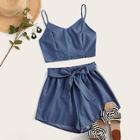 Romwe Shirred Cami Top With Belted Shorts