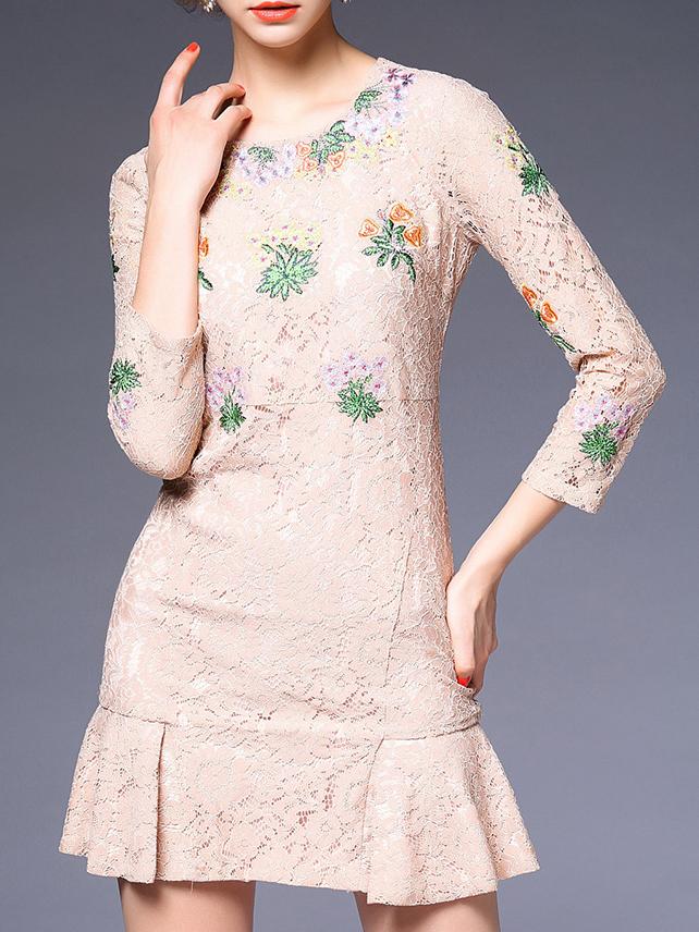Romwe Apricot Applique Pouf Frill Lace Dress