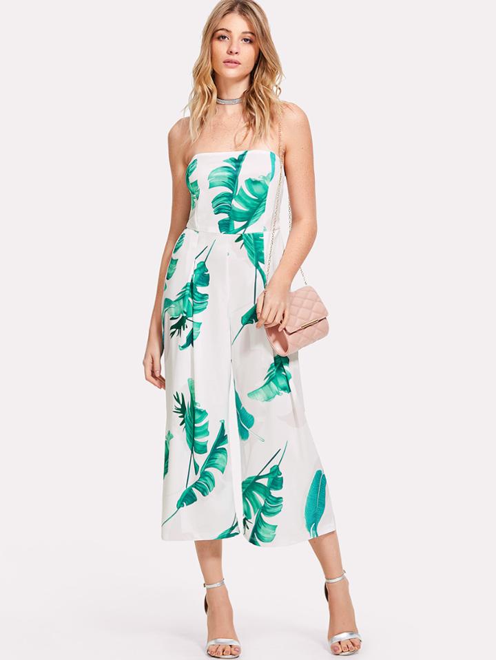 Romwe Palm Leaf Print Tube Jumpsuit