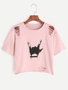 Romwe Pink Love Gesture Print Ripped T-shirt