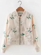 Romwe Beige Floral Embroidered Bomber Jacket With Pockets