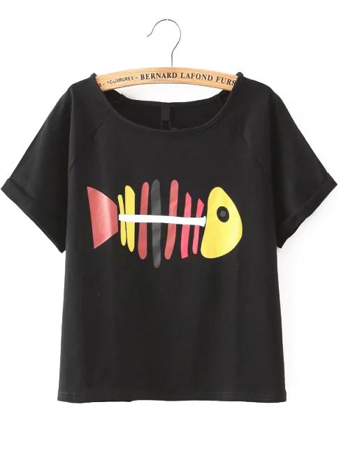 Romwe Fishbone Print Black T-shirt
