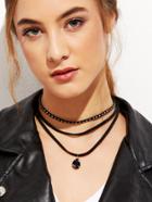 Romwe Black Layered Studded Gemstone Pendant Choker Necklace