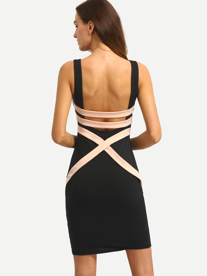 Romwe Black Sleeveless Patchwork Hollow Back Bodycon Dress