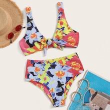 Romwe Tie Dye Tie Front Top With High Waist Bikini Set