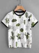 Romwe Cactus And Marble Print Ringer Tee