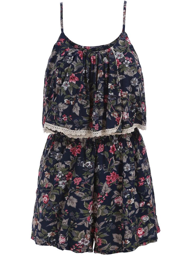 Romwe Spaghetti Strap Contrast Lace Flower Print Navy Romper