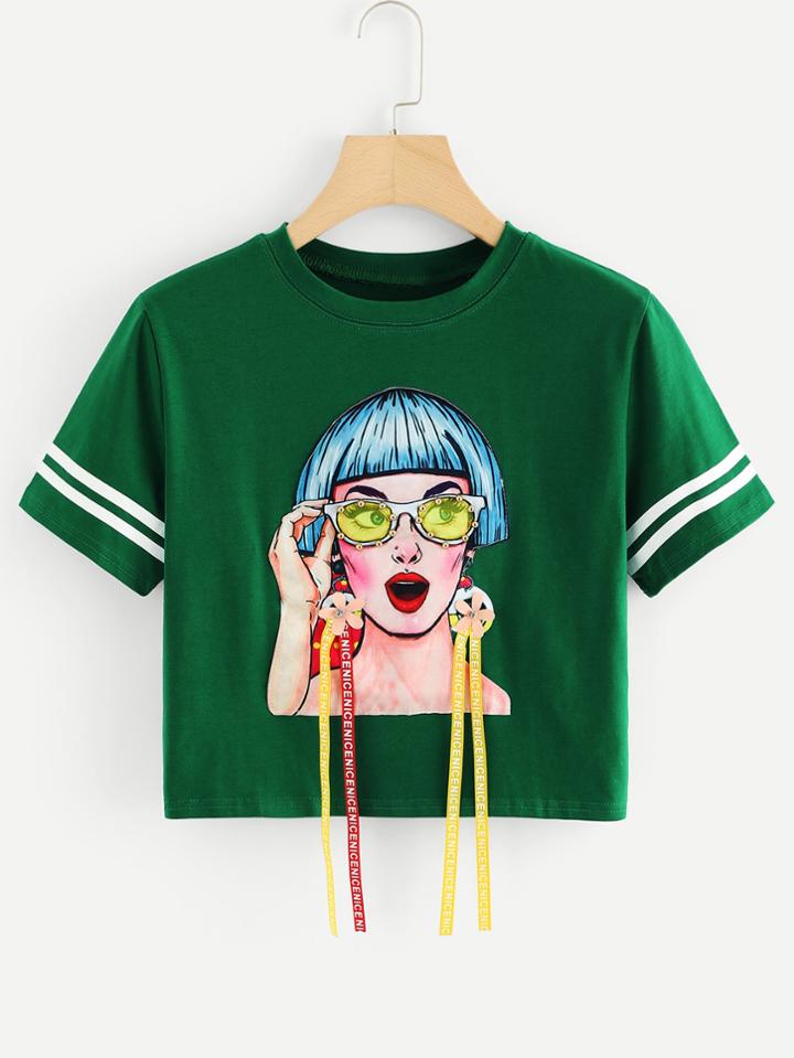Romwe Varsity Stripe Letter Tape Detail Tee