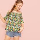 Romwe Pineapple Print Off The Shoulder Shirred Blouse