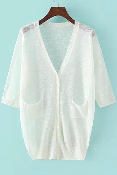Romwe With Pockets Buttons Split White Cardigan