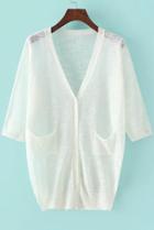 Romwe With Pockets Buttons Split White Cardigan
