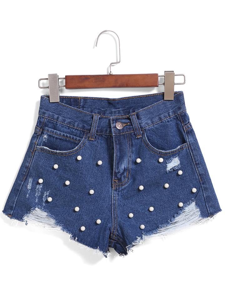 Romwe With Pearl Ripped Denim Blue Shorts