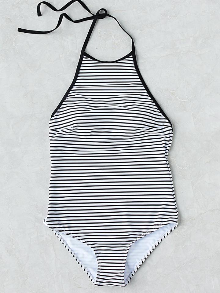 Romwe Striped Print Halter One Piece Swimwear