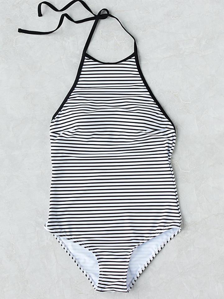 Romwe Striped Print Halter One Piece Swimwear