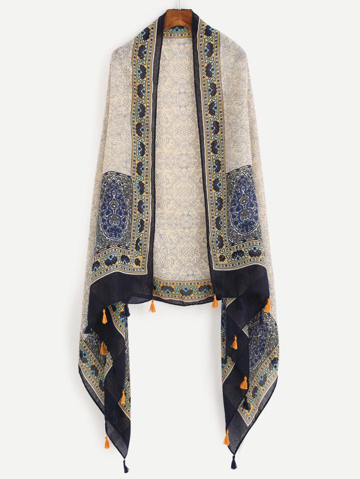 Romwe Beige Vine Print Tassel Trim Scarf