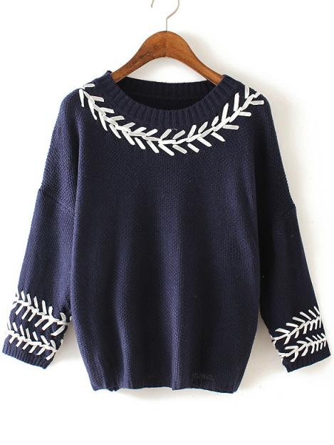 Romwe Knit Crochet Slit Back Navy Sweater