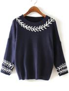 Romwe Knit Crochet Slit Back Navy Sweater