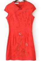 Romwe Cap Sleeve With Button Embroidered Red Dress