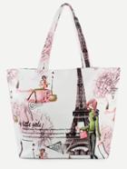 Romwe White Eiffel Tower Print Tote Bag