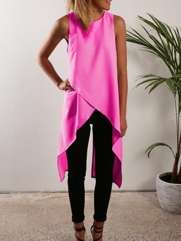 Romwe Cross Wrap Asymmetric Chiffon Tank Top - Pink