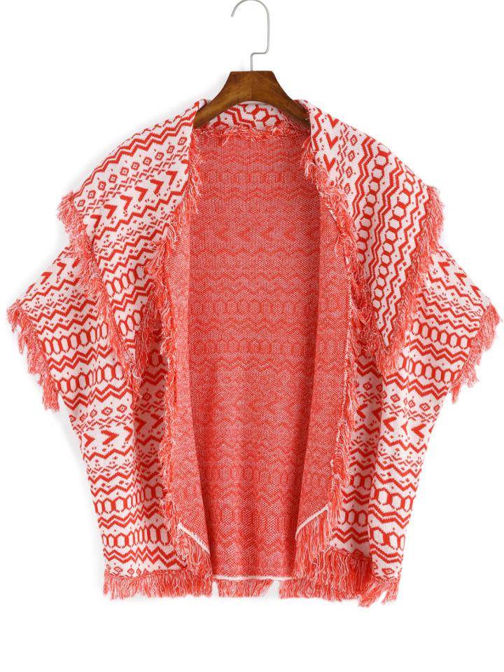 Romwe Lapel Tribal Pattern Tassel Coat