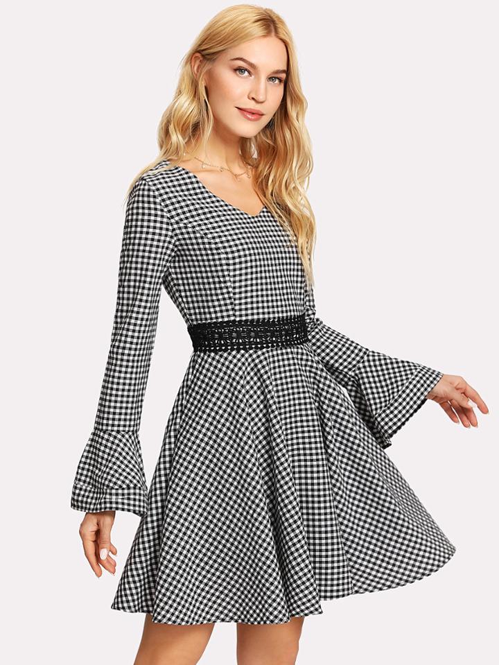 Romwe Lace Applique Flounce Sleeve Gingham Dress