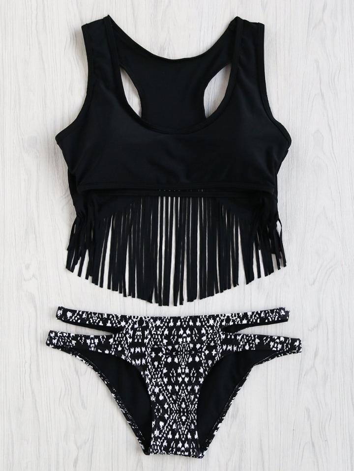 Romwe Graphic Print Fringe Detail Racerback Bikini Set