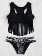 Romwe Graphic Print Fringe Detail Racerback Bikini Set