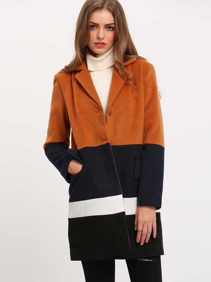 Romwe Brown Long Sleeve Lapel Color Block Coat