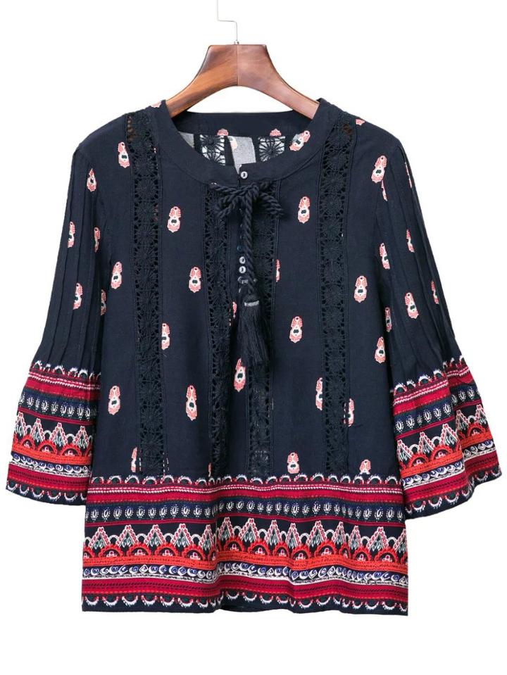 Romwe Multicolor Buttons Front Tassel Print Blouse