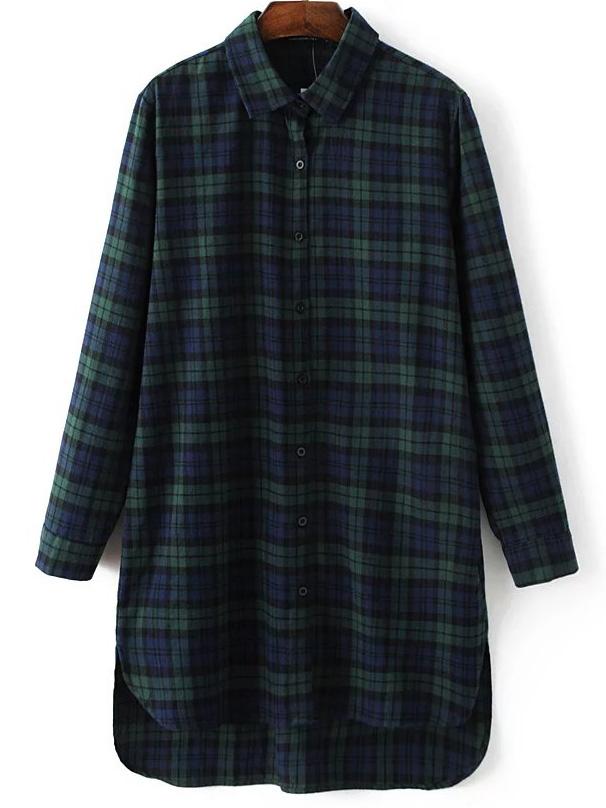 Romwe Green Plaid High Low Shirt Dress