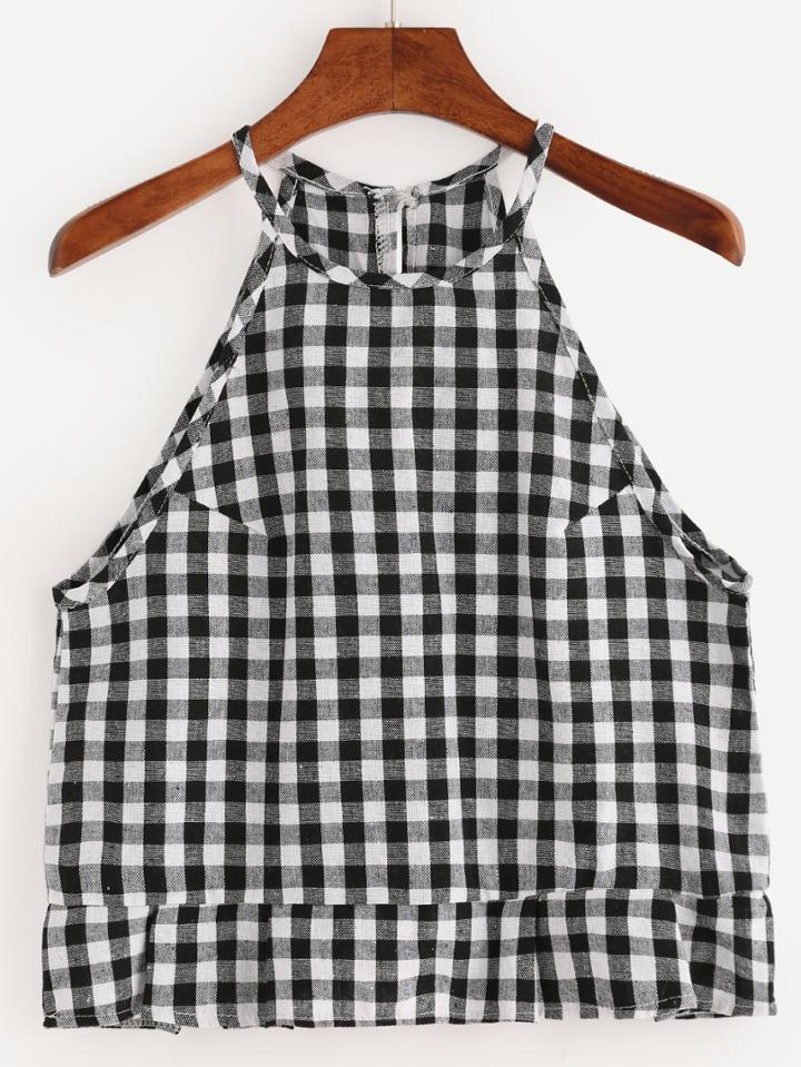 Romwe Black White Checkerboard Ruffled Halter Neck Top