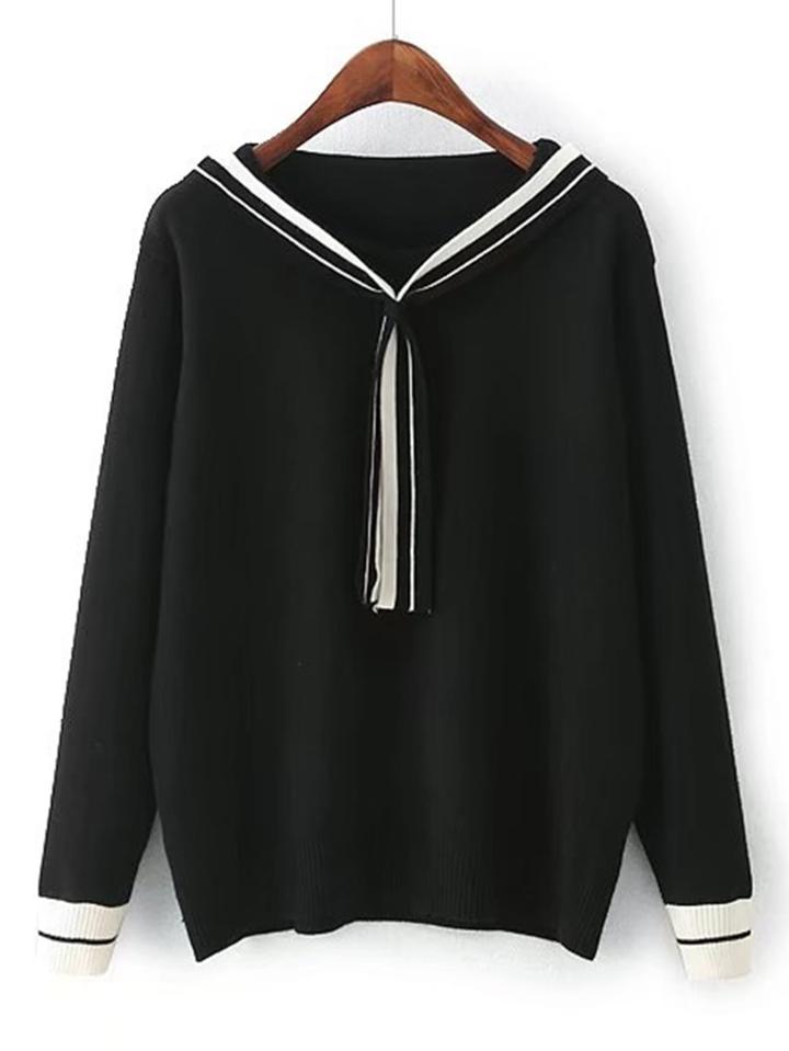 Romwe Striped Trim Tie Neck Knitwear