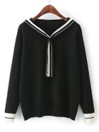 Romwe Striped Trim Tie Neck Knitwear