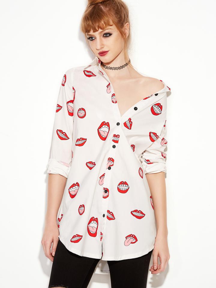 Romwe Beige Mouth Print Curved Hem Shirt