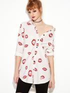 Romwe Beige Mouth Print Curved Hem Shirt
