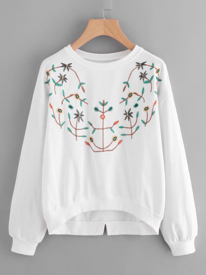 Romwe Embroidered Dip Hem Sweatshirt