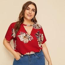 Romwe Plus Choker Neck Flower Print Blouse